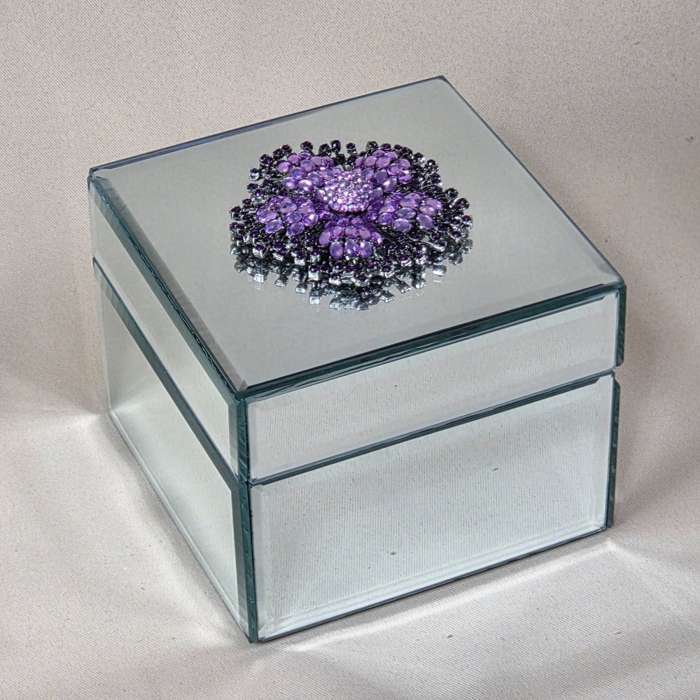 Mirrored Jewelry Box Jeweled Brooch Purple Pink Rhinestone Glam Decor 5x5 Square